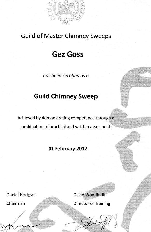 Guild of Master Chimney Sweeps Certificate for our Burntwood Chimney Sweeping Service